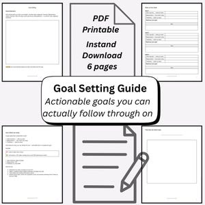 May include: A digital PDF goal-setting guide with six pages. The guide includes sections for brainstorming, writing goals, and tracking progress. The cover features the text "Goal Setting Guide" and "Actionable goals you can actually follow through on."