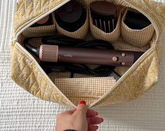 Ręcznie robiona torba-organizer na przybory do włosów – kompatybilna z Dyson Airwrap – etui podróżne z bawełny w kwiaty