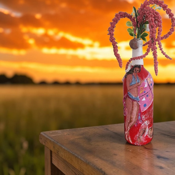 Handpainted Upcycled Bottle Vase with Figurine Detail