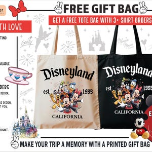 May include: Two tote bags with the Disneyland logo and characters. One bag is beige, the other is black. The text "Disneyland est. 1955 California" is printed on both bags. The image also includes text about free gift bags and custom orders.