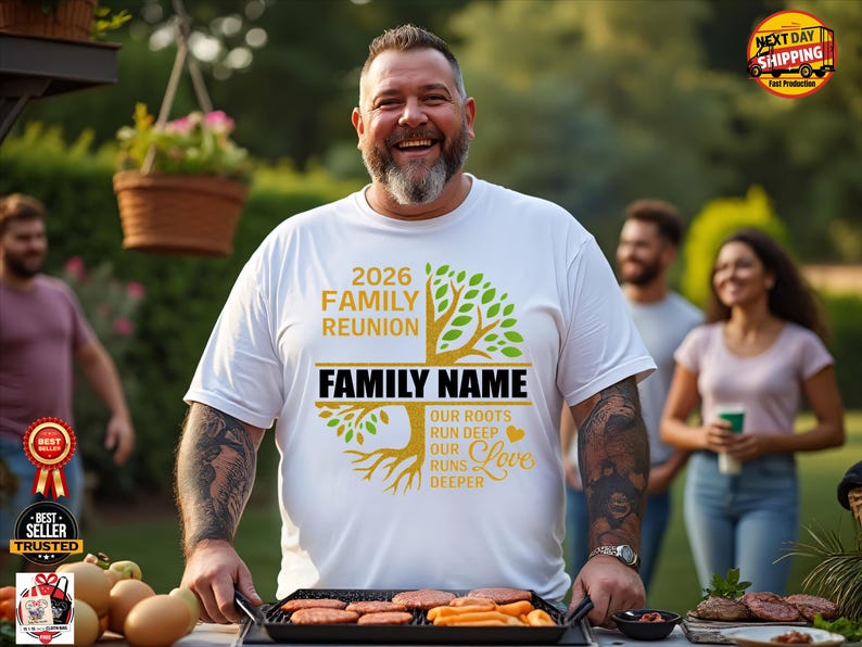 K&ouml;nnte beinhalten: Ein wei&szlig;es T-Shirt mit einem Familienfeier-Design. Das Shirt zeigt den Text "2026 FAMILY REUNION" und "FAMILY NAME" mit einer Baumgrafik. Die Person l&auml;chelt und grillt im Freien.