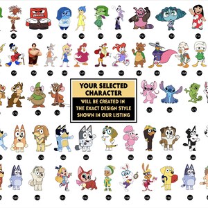 Op de afbeelding: Een verzameling illustraties van stripfiguren, waaronder personages uit Inside Out, Disney en andere animatieseries. De afbeelding bevat een verscheidenheid aan personages met verschillende kleuren en ontwerpen. Tekst op de afbeelding luidt: "UW GESELECTEERDE PERSONAGE WORDT GEMAAKT IN PRECIES DE ONTWERPSTIJL GETOOND IN ONZE AANBIEDING."