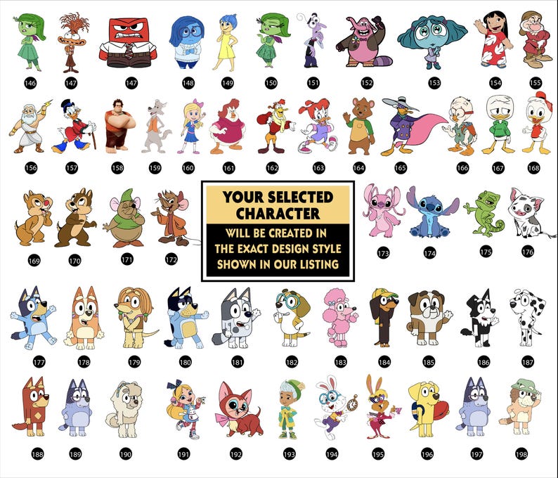 Op de afbeelding: Een verzameling illustraties van stripfiguren, waaronder personages uit Inside Out, Disney en andere animatieseries. De afbeelding bevat een verscheidenheid aan personages met verschillende kleuren en ontwerpen. Tekst op de afbeelding luidt: "UW GESELECTEERDE PERSONAGE WORDT GEMAAKT IN PRECIES DE ONTWERPSTIJL GETOOND IN ONZE AANBIEDING."