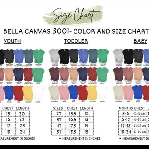 May include: A size chart for Bella Canvas 3001 t-shirts, displaying color and size options for youth, toddler, and baby sizes. Measurements are in inches, including chest and length dimensions for each size. The chart includes a variety of colors.