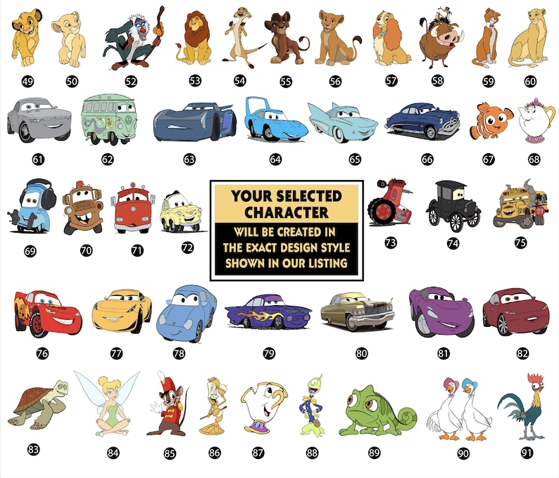 Op de afbeelding: Een verzameling illustraties van stripfiguren, waaronder personages uit Disney's The Lion King, Cars en andere animatiefilms. De afbeelding bevat de tekst: "UW GESELECTEERDE PERSONAGE WORDT GEMAAKT IN DE PRECIES DEZELFDE ONTWERPSTIJL ALS GETOOND IN ONZE AANBIEDING."