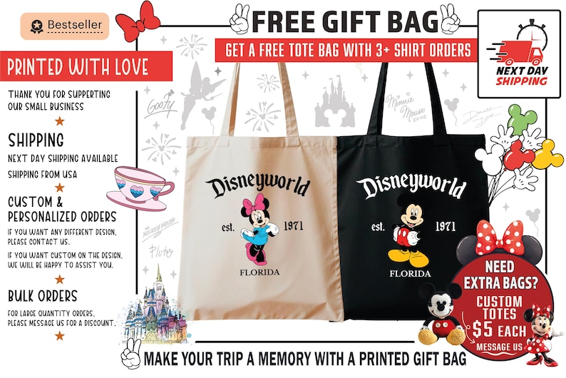Op de afbeelding: Twee draagtassen, &eacute;&eacute;n beige en &eacute;&eacute;n zwart, met "Disneyworld" erop gedrukt. De beige tas heeft Minnie Mouse, en de zwarte tas heeft Mickey Mouse. Beide tassen hebben "est. 1971 FLORIDA" onder de karakters gedrukt. De afbeelding bevat ook tekst over gratis cadeauzakjes.