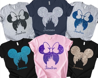 Custom Glitter Disney Castle Shirt, Personalized Mickey & Minnie Trip Tee, Family Matching Shirts