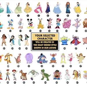 Op de afbeelding: Een verzameling van 48 cartoonkarakterillustraties, waaronder prinsessen, dieren en andere figuren. De karakters zijn genummerd en weergegeven op een witte achtergrond. De tekst in het midden luidt: "UW GESELECTEERDE KARAKTER WORDT GEMAAKT IN DE PRECIES DEZELFDE ONTWERPSTIJL ALS GETOOND IN ONZE AANBIEDING."