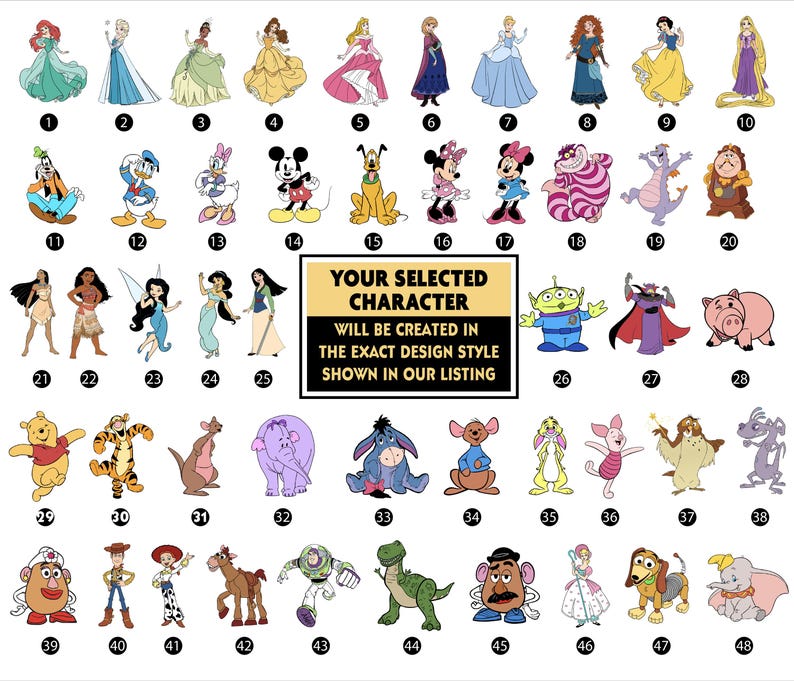 Op de afbeelding: Een verzameling van 48 cartoonkarakterillustraties, waaronder prinsessen, dieren en andere figuren. De karakters zijn genummerd en weergegeven op een witte achtergrond. De tekst in het midden luidt: "UW GESELECTEERDE KARAKTER WORDT GEMAAKT IN DE PRECIES DEZELFDE ONTWERPSTIJL ALS GETOOND IN ONZE AANBIEDING."