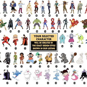 Op de afbeelding: Een verzameling illustraties van stripfiguren, waaronder superhelden, Disney-personages en andere animatiefiguren. De afbeelding bevat personages als Spider-Man, Hulk en Aladdin, met de tekst "YOUR SELECTED CHARACTER".