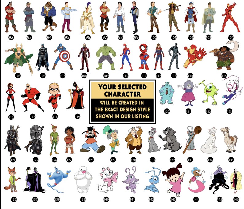 Op de afbeelding: Een verzameling illustraties van stripfiguren, waaronder superhelden, Disney-personages en andere animatiefiguren. De afbeelding bevat personages als Spider-Man, Hulk en Aladdin, met de tekst "YOUR SELECTED CHARACTER".