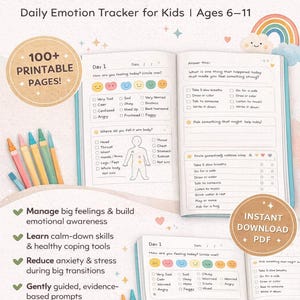 May include: A printable journal for kids aged 6-11, designed to track daily emotions. The journal features prompts, a body map, and coping tools. Includes 100+ pages and is available in PDF format. The cover has the text "My Big Feelings - Journal".