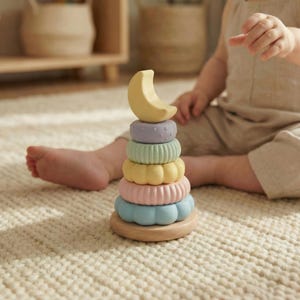 Pastel Moon Stacking Ring Toy | Textured Montessori Baby Sensory Toy