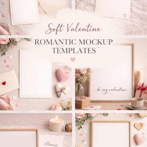 May include: A romantic mockup template with a soft, neutral color palette. The image features blank cards, frames, and decorative elements like flowers, candles, and hearts. Text includes "Happy Valentine's Day" and "be my valentine".