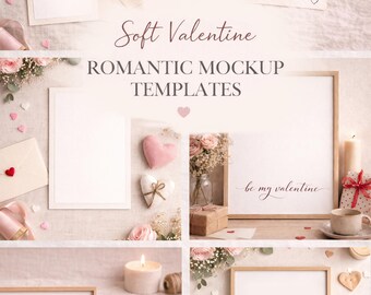 Puede incluir: Una plantilla de maqueta romántica con una paleta de colores suave y neutra. La imagen presenta tarjetas en blanco, marcos y elementos decorativos como flores, velas y corazones. El texto incluye "Happy Valentine's Day" y "be my valentine".