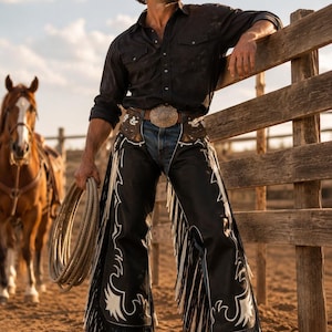 Pode incluir: Chaps de couro preto com costuras decorativas brancas e franjas longas nas laterais. As chaps são usadas sobre calças jeans azuis, combinadas com uma camisa preta de manga comprida, um cinto de couro castanho com fivela de metal e um chapéu de cowboy bege.