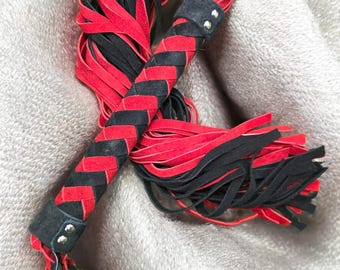 Handmade Heavy Leather Flogger Suede 36 Tails Red Black - BDSM Whip