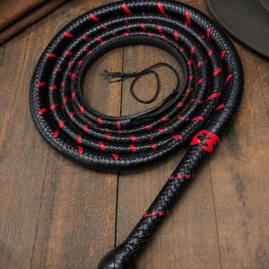 Puede incluir: Un látigo enrollado que presenta un exterior trenzado negro con acentos rojos vibrantes tejidos a lo largo de toda la longitud. El mango termina en un pomo redondeado y una fina lazada de cordón negro está unida a la base del látigo.