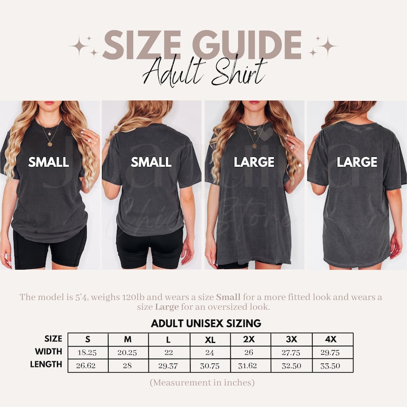 Pu&ograve; includere: Guida alle taglie per magliette unisex per adulti. La guida include le misure in pollici per le taglie dalla S alla 4X. La modella &egrave; alta 1,63 m e pesa 54 kg, indossa una Small per un look aderente e una Large per un look oversize. La larghezza della maglietta varia da 46,36 cm a 75,57 cm.