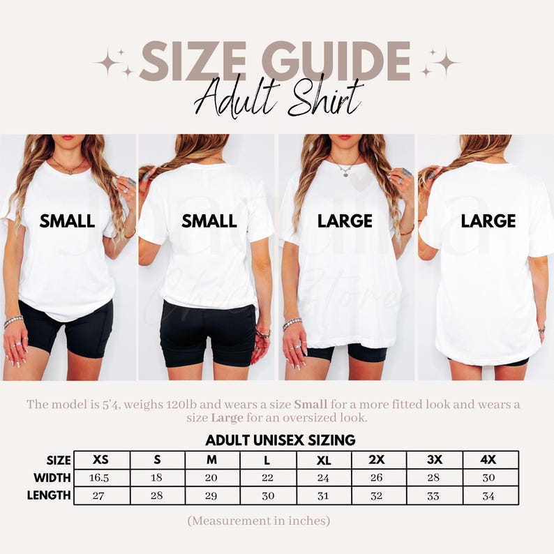 Pu&ograve; includere: Guida alle taglie per magliette unisex da adulto. L'immagine mostra una modella che indossa una maglietta bianca nelle taglie Small e Large. La tabella delle taglie include misure in pollici per le taglie XS a 4X, con larghezze da 41,9 a 76,2 cm e lunghezze da 68,6 a 86,4 cm.