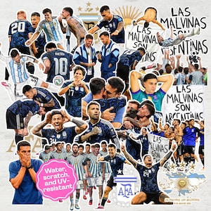 May include: A collection of stickers featuring the Argentina national soccer team, including players in blue and white jerseys, the AFA logo, and banners with the text "LAS MALVINAS SON ARGENTINAS". A pink label states "Water, scratch, and UV-resistant".