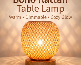 Dimmable Rattan Table Lamp, Boho Bamboo Bedside Light, Wicker Nightstand Lamp, Small Accent Lamp for Bedroom Living Room Dorm Decor