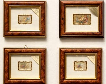 Vintage Italian Gold Foil Plaques – Burl Wood Framed Art – Mid Century Gallery Wall