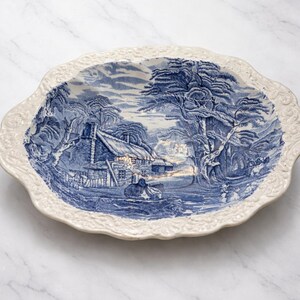 Vintage Old Foley Blue & White Serving Dish | Staffordshire Village Scene