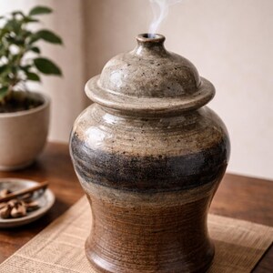Peut inclure: Un diffuseur d'aromathérapie en céramique avec un couvercle, émettant une volute de vapeur. Le pot a une palette de couleurs marron, noir et beige. Le diffuseur est posé sur une surface en bois, suggérant le bien-être.