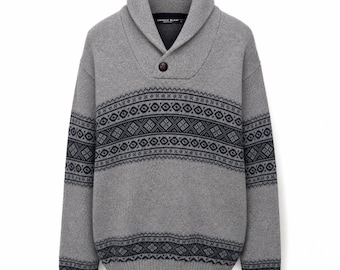 Italian Wool Shawl Collar Fair Isle Sweater XL – Nordic Pullover Made in Italy