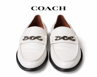 Coach White Leather Loafers, Horsebit Slip-Ons, Women's Size 8B