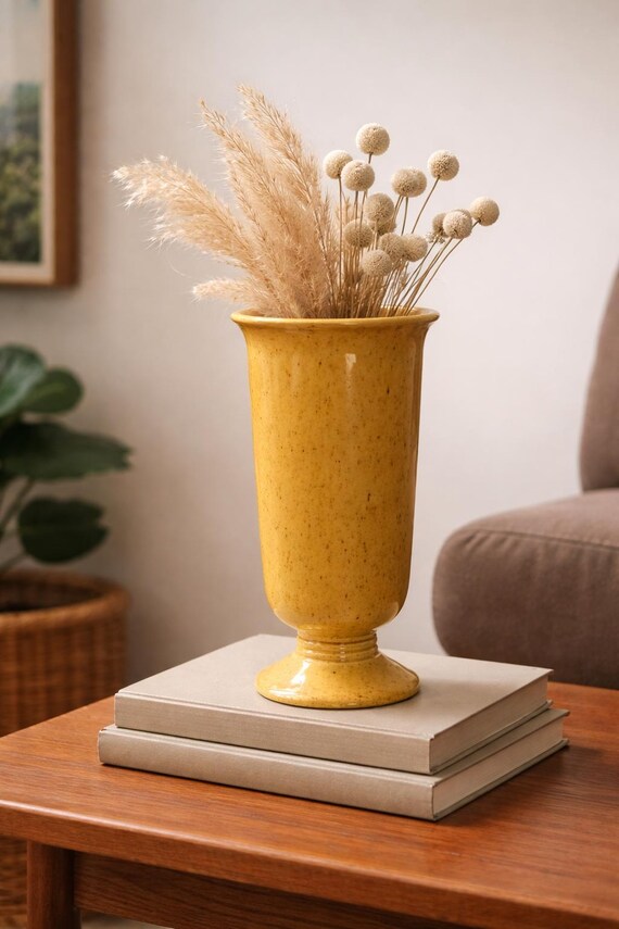 Vintage Haeger USA Blumenvase | Senfgelb gesprenkelte Glasur | Mid-Century Modern Decor