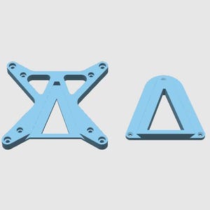 May include: Two light blue, geometric shapes. One is an X-shaped bracket with multiple holes and a central triangle. The other is a triangular piece with rounded top and holes.