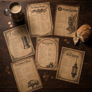 Op de afbeelding: Een verzameling menukaarten in vintage-stijl voor tavernes met sierlijke randen en illustraties. De menu's bevatten namen als "The Rusty Dragon" en "The Black Lantern". Een tinnen mok, munten en brood liggen ook op het houten oppervlak.