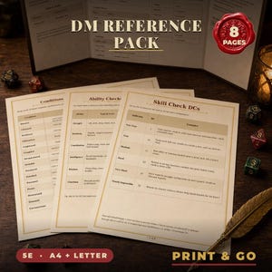 DnD DM Reference Pack Printable - 5e Dungeon Master Cheat Sheets - Skill DCs, Conditions, Combat Screen Inserts - Instant Download
