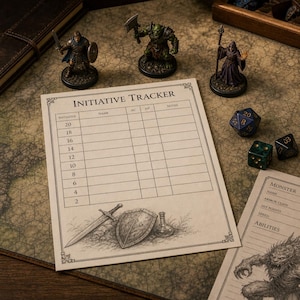 Könnte beinhalten: Ein Tabletop-Rollenspiel-Setup mit einem Initiative-Tracker, Würfeln und Miniaturfiguren. Der Initiative-Tracker ist ein beigefarbenes Blatt mit den Worten "Initiative Tracker" oben. Die Würfel sind blau, grün und schwarz. Die Figuren sind ein Krieger, ein Ork und ein Zauberer.