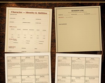 May include: A player gift set featuring two journals and 88 spell cards for a 5e player. The set includes a character identity and abilities sheet, a session log, and multiple spell cards with text including Acid Splash and Light.