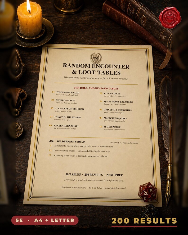 DnD Random Encounter Tables Printable - 200 d20 Results - 5e Loot, Quest Hooks, NPC and Magic Tables - A4 US Letter Instant Download image 1