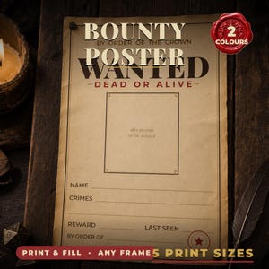May include: A vintage-style bounty poster printed on aged paper with the text BOUNTY, BY ORDER OF THE CROWN, POSTER, WANTED, DEAD OR ALIVE, and a central square frame labeled affix portrait of the accused, with lines for name, crimes, reward, and last seen.
