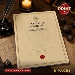 Pode incluir: Um diário de campanha bege com borda preta e o texto THE CAMPAIGN JOURNAL, CAMPAIGN e DUNGEON MASTER. A capa apresenta uma ilustração de caveira, uma rosa dos ventos e um selo de cera vermelho. Rodeado por dados e uma pena.