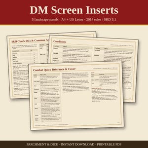 以下が含まれることがあります： 2014年のルールとSRD 5.1の内容を記載した、横向きのDMスクリーン用インサート5枚。印刷されたページには、スキルチェックの難易度、状態異常、戦闘のクイックリファレンス表が含まれており、A4およびUSレターサイズに対応しています。