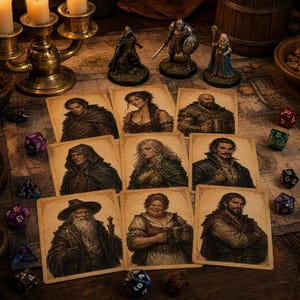 Puede incluir: Una escena de juego de rol de fantasía con cartas de personajes, figuras en miniatura y dados. Las cartas representan a varios personajes de fantasía. También se ve un candelabro de latón con velas encendidas y un mapa.
