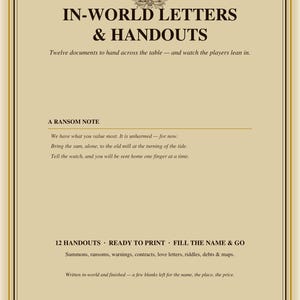 May include: A beige document titled IN-WORLD LETTERS & HANDOUTS featuring a quill and scroll icon. It includes a sample ransom note text, a list of twelve printable handouts like summons and contracts, and mentions A4 and US Letter formats.