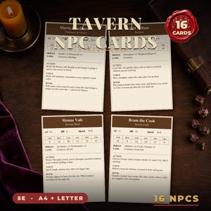 May include: A set of 16 Tavern NPC cards for tabletop roleplaying games, featuring four individual character stat blocks with names like Marta Goodkar, Old Nellam, Sienna Vale, and Bram the Cook, printed on off-white paper with brown headers.