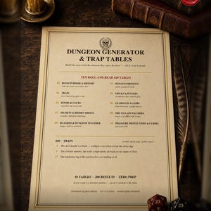 May include: A printed sheet titled Dungeon Generator & Trap Tables featuring ten d20 roll-and-read tables for tabletop gaming. The document includes a skull emblem, lists room purposes, traps, and hazards, and is displayed with a quill and dice.