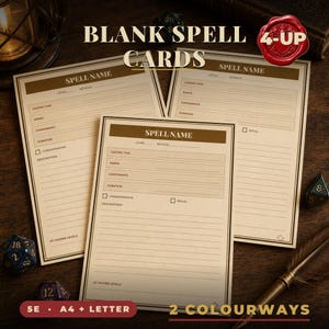 May include: Three rectangular paper spell cards with a cream background and brown borders. Each card features fields for spell name, level, school, casting time, range, components, duration, concentration, ritual, description, and at higher levels.