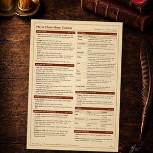 Może przedstawiać: Wydrukowana karta pomocy gracza Player Cheat Sheet: Combat na jasnobrązowym papierze, zawierająca tabele i tekst opisujący mechanikę gry, akcje oraz zasady walki, z nagłówkami takimi jak Your Turn, Making an Attack i Opportunity Attacks.
