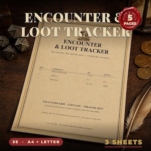 Puede incluir: Una hoja de papel beige titulada Encounter & Loot Tracker con columnas para iniciativa, combatiente, HP y estado. El documento incluye secciones para una cuadrícula de encuentros, registro de botín y reparto de tesoros para juegos de rol.