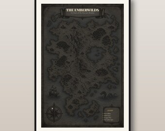 May include: A framed map titled The Emberwilds: A Chart of the Known Realm. The dark grey map features detailed illustrations of mountains, forests, a lake, a ship, and a sea creature. A compass rose and a legend are included in the corners.