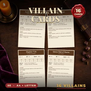 Può includere: Quattro carte da gioco rettangolari con statistiche dei personaggi per giochi di ruolo da tavolo. Ogni carta mostra nome, titolo, punteggi di abilità, competenze, lingue, azioni, voce e gancio. Un sigillo di ceralacca rosso riporta 16 CARDS.